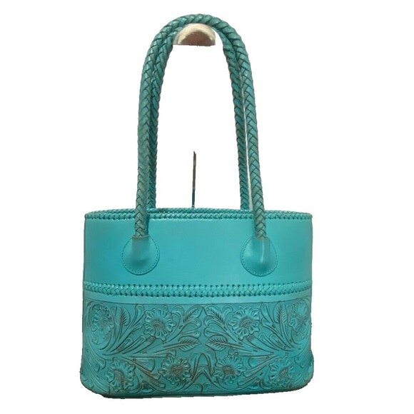 Alexandro Yeo Mexican Leather Tooled Embossed Turquoise Tote Braided Handle - Picture 2 of 16